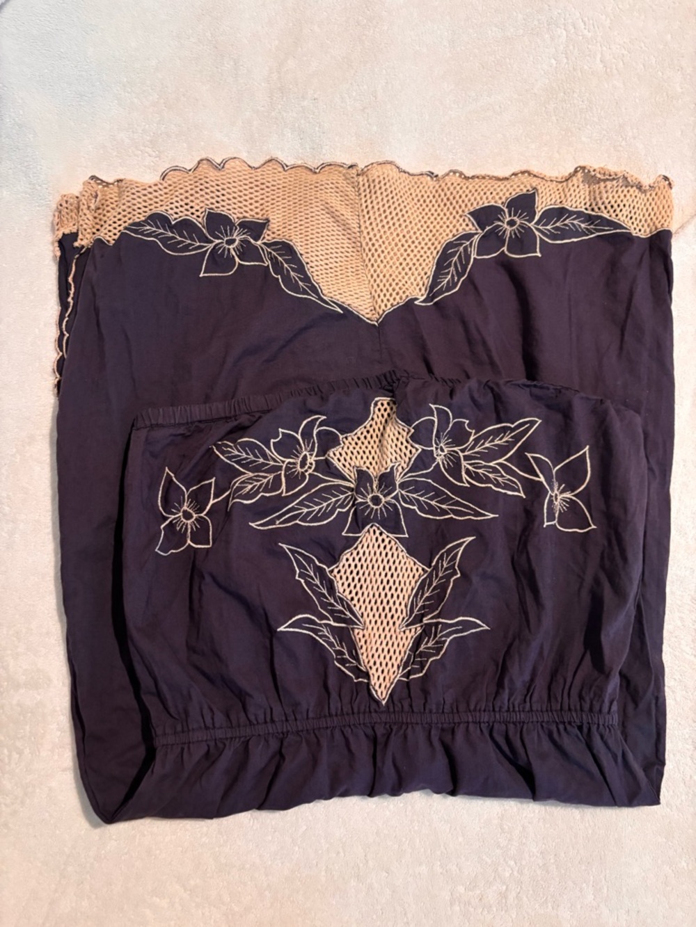 100% Cotton Strapless Floral Embroidered Sundress in Navy and Tan